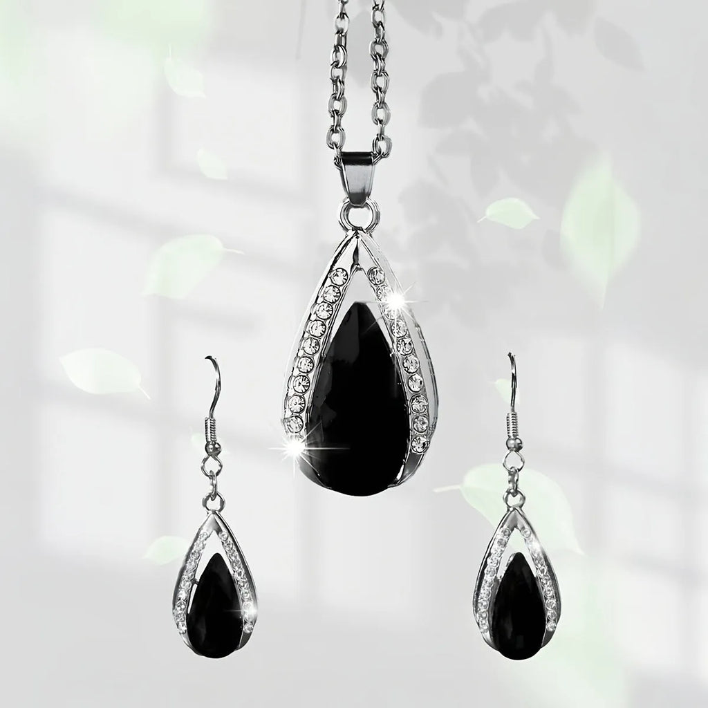 Black and red teardrop glass pendant necklace and earrings jewellery set