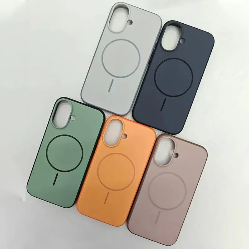 Frosted blue magnetic protective case for Apple iPhone 16 and 17 series phones on a white background.