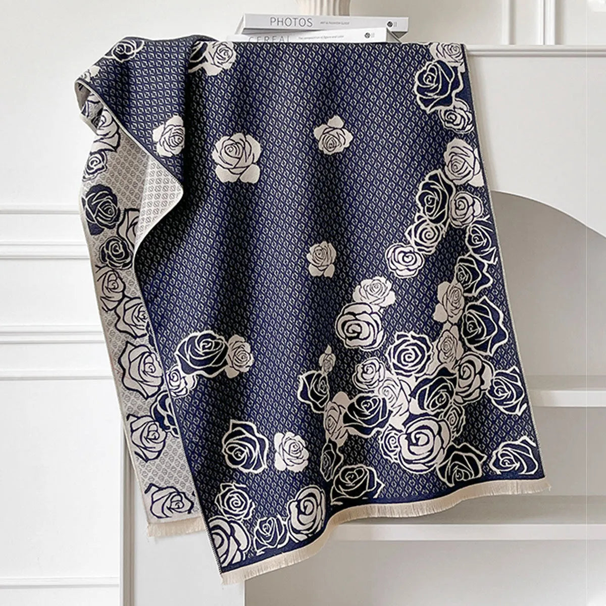Long grey imitation cashmere scarf with tassels laid flat to show 185cm length.