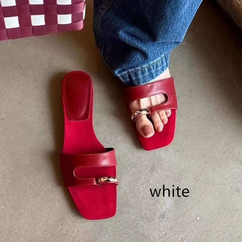 Plus size outdoor leather slippers with square head design in black, red, silver, and white colours