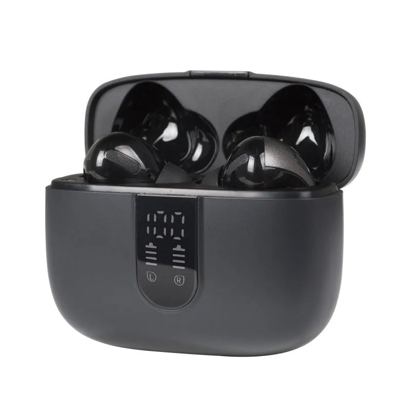 Jerry X08 wireless Bluetooth headphones with digital display, in-ear subwoofer design, and charging case