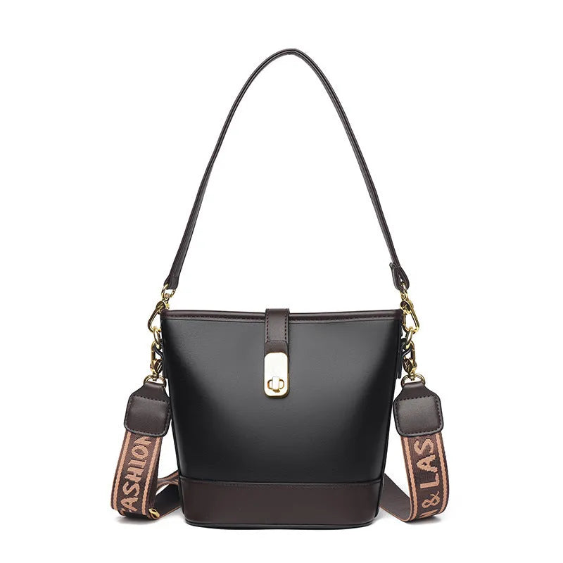 Korean style black PU bucket shoulder messenger bag showing internal organisation compartments