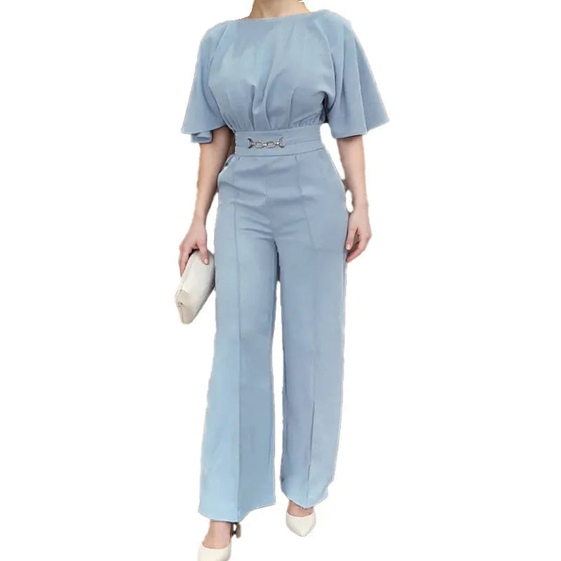 Blue polyester men's suit set with matching trousers and long-sleeve jacket on hanger