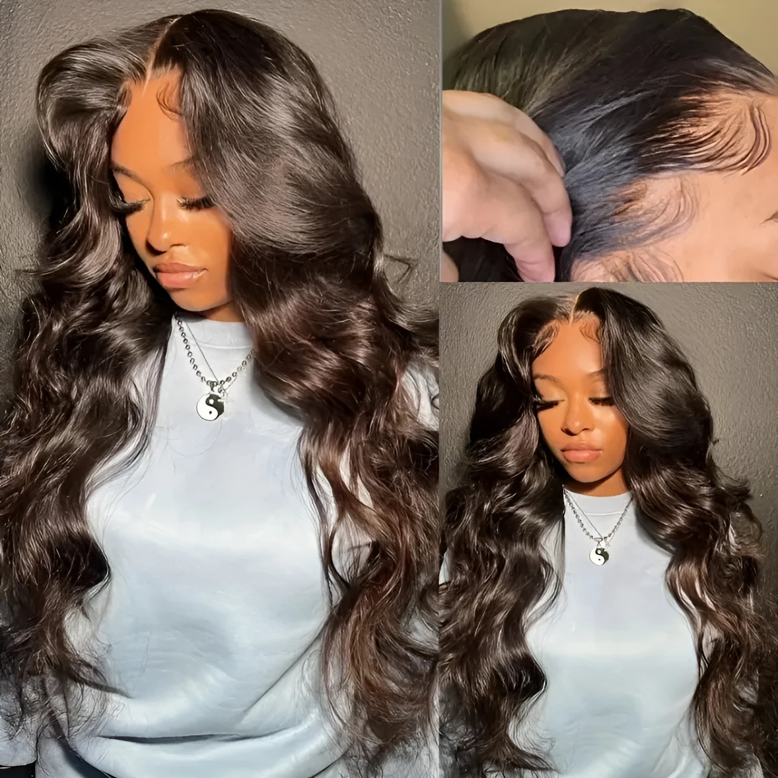 Long dark brown curly synthetic wig with side bangs on a mannequin head, showing front lace construction.