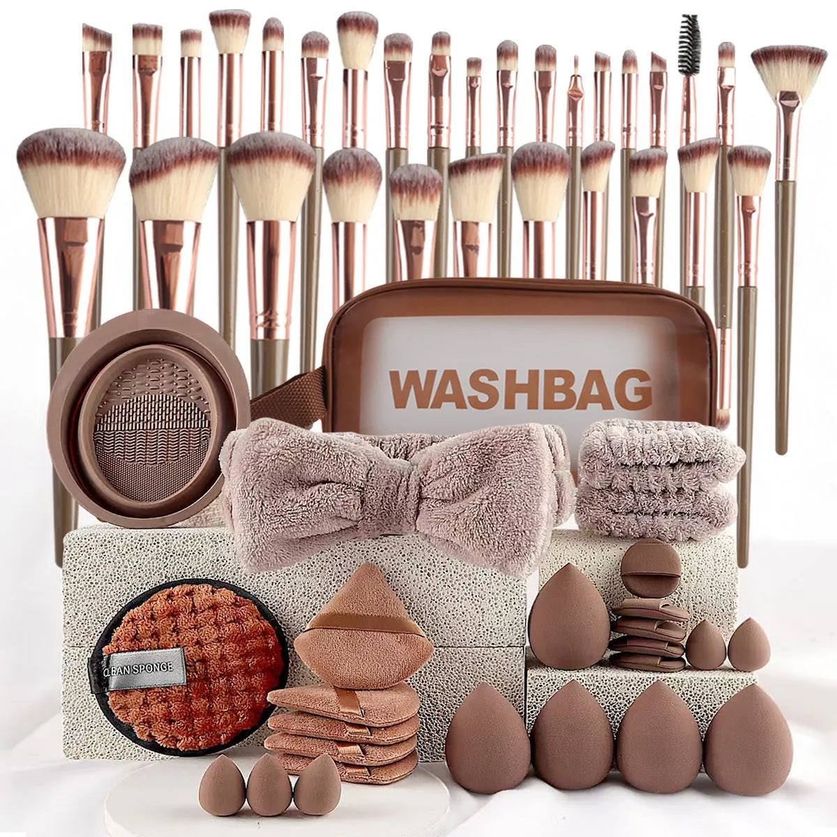 Beauty tools combination suit for face wash and makeup in brown, pink, purple colours