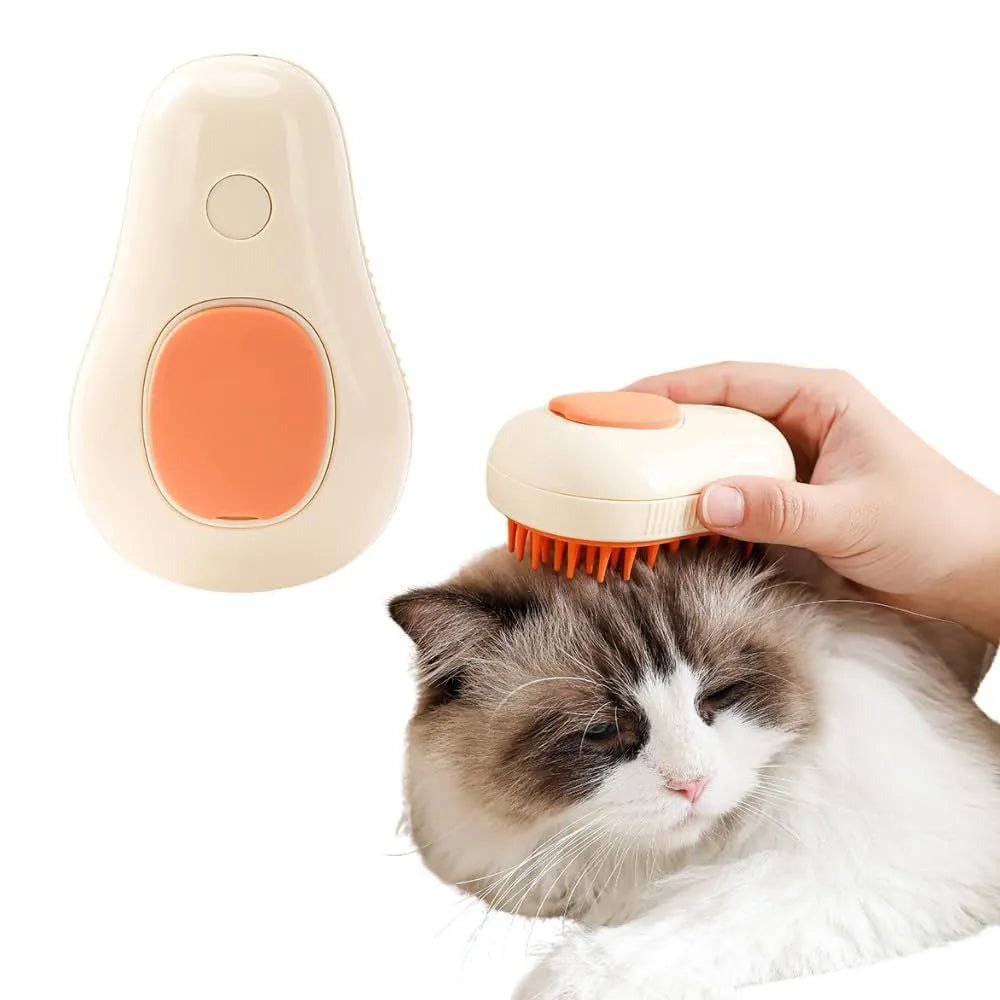 Green and white cat steam brush with silicone bristles and water spray function for pet grooming