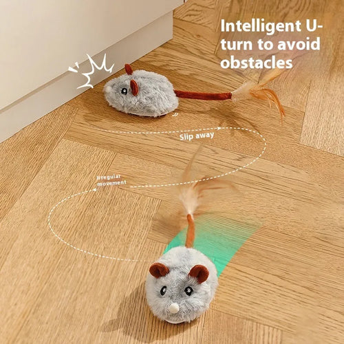 Rechargeable electric cat pole toy with a plush mouse in pink, dark grey, or purple colours on a charging cable.
