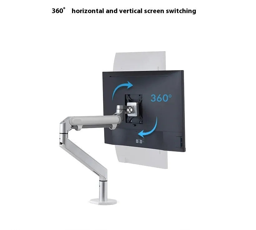 Silver aluminium alloy laptop stand with air pressure arm bracket on desktop
