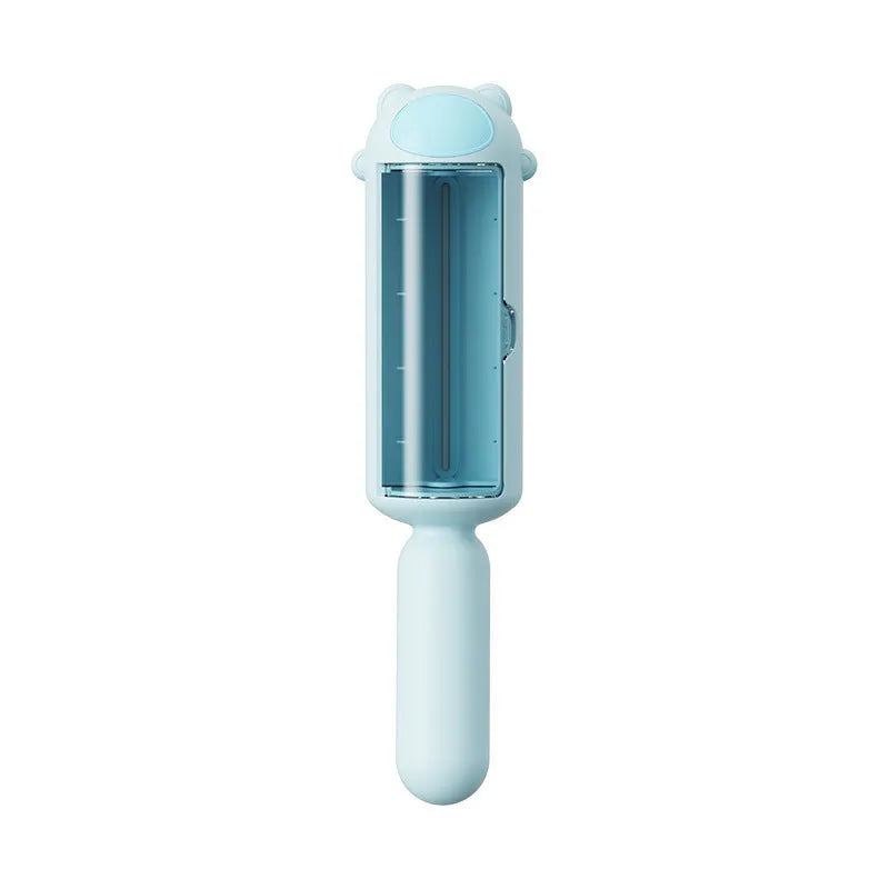 Blue pet hair remover roller with a self-cleaning base for furniture and cars.