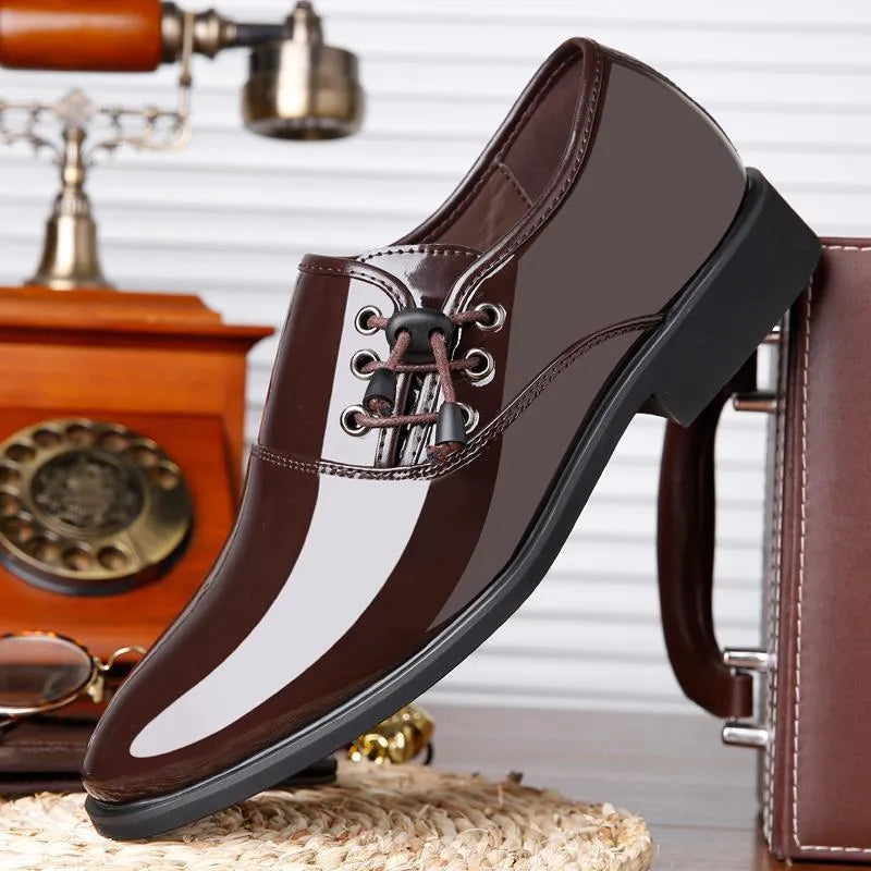 Men's black and brown formal lace-up shoes with round toe and rubber sole.