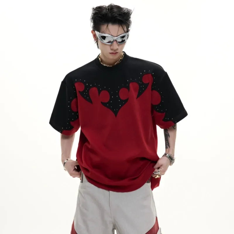 Men's red cotton t-shirt with 3D embroidered flower pattern and rhinestone details, loose drop-shoulder fit.