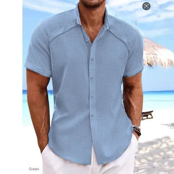Hawaiian casual short sleeve shirt in solid colour cotton blend fabric for summer wear