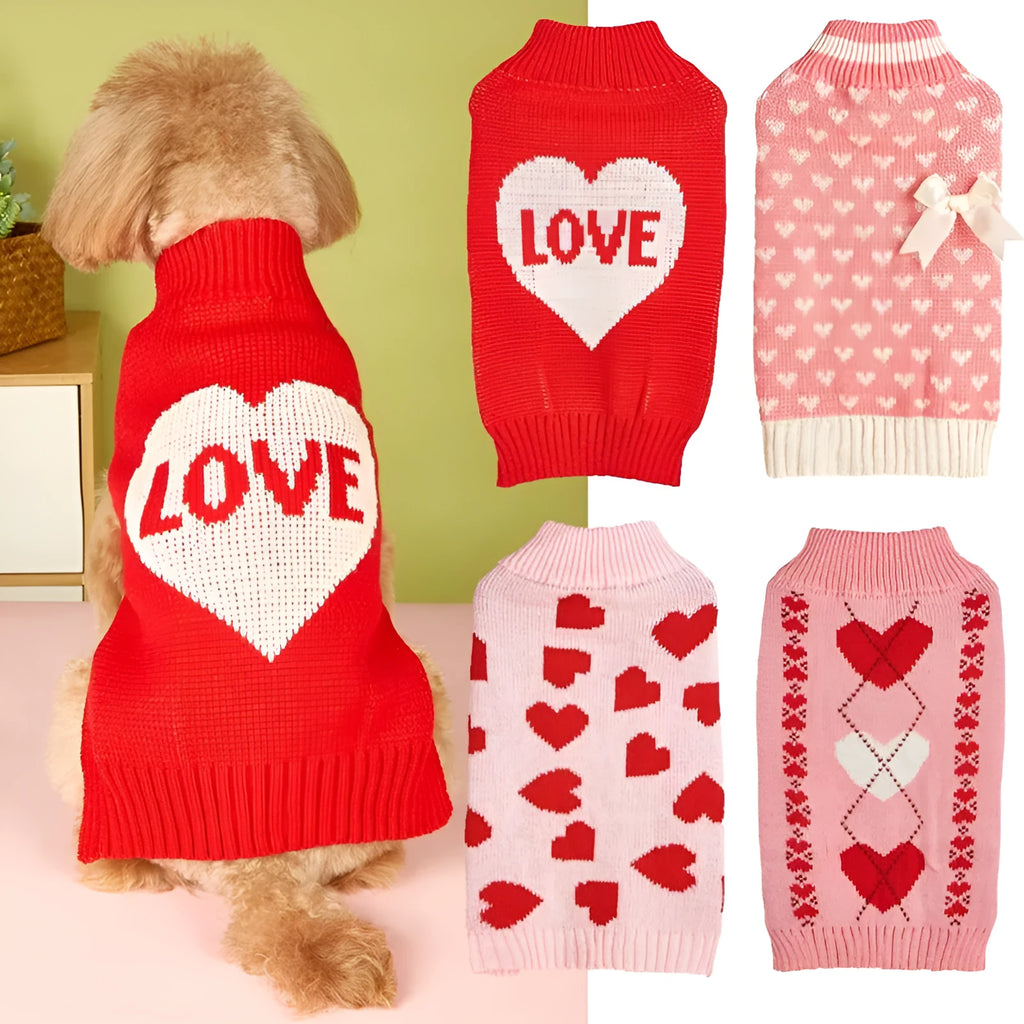 Red love heart motif dog sweater on small dog with bow decoration