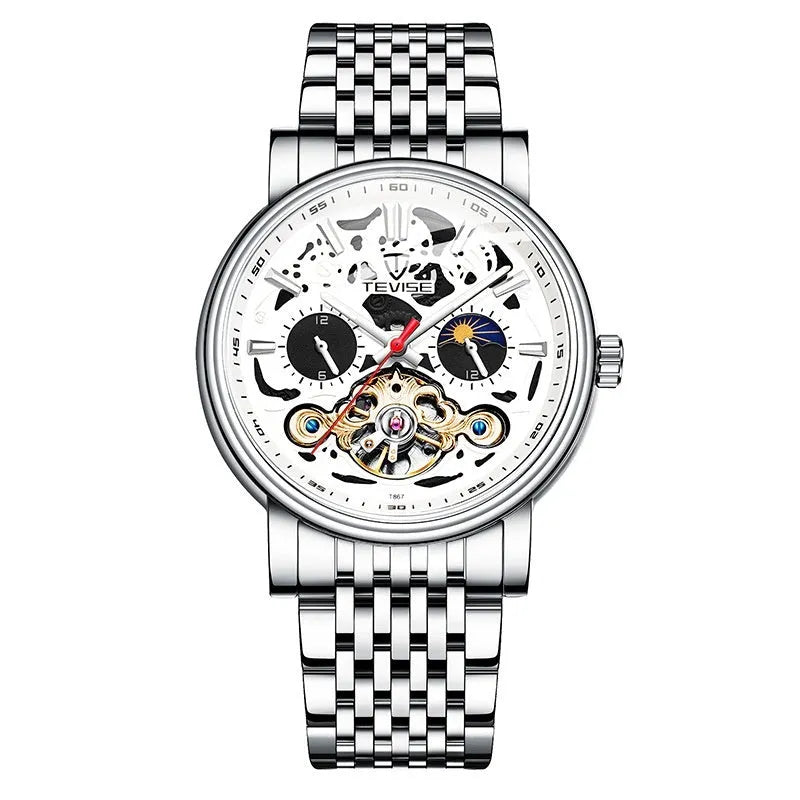 Men's fashion tourbillon mechanical watch with luminous dial on a metal bracelet, showing water resistant case.