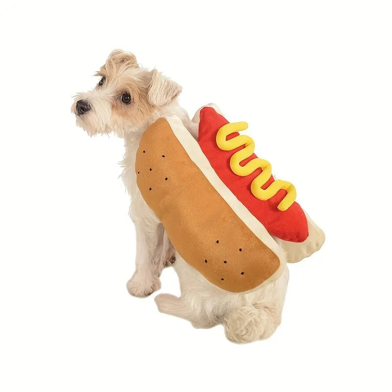 Brown and beige hot dog costume on a Dachshund dog, showing sausage-shaped design with warm lining.