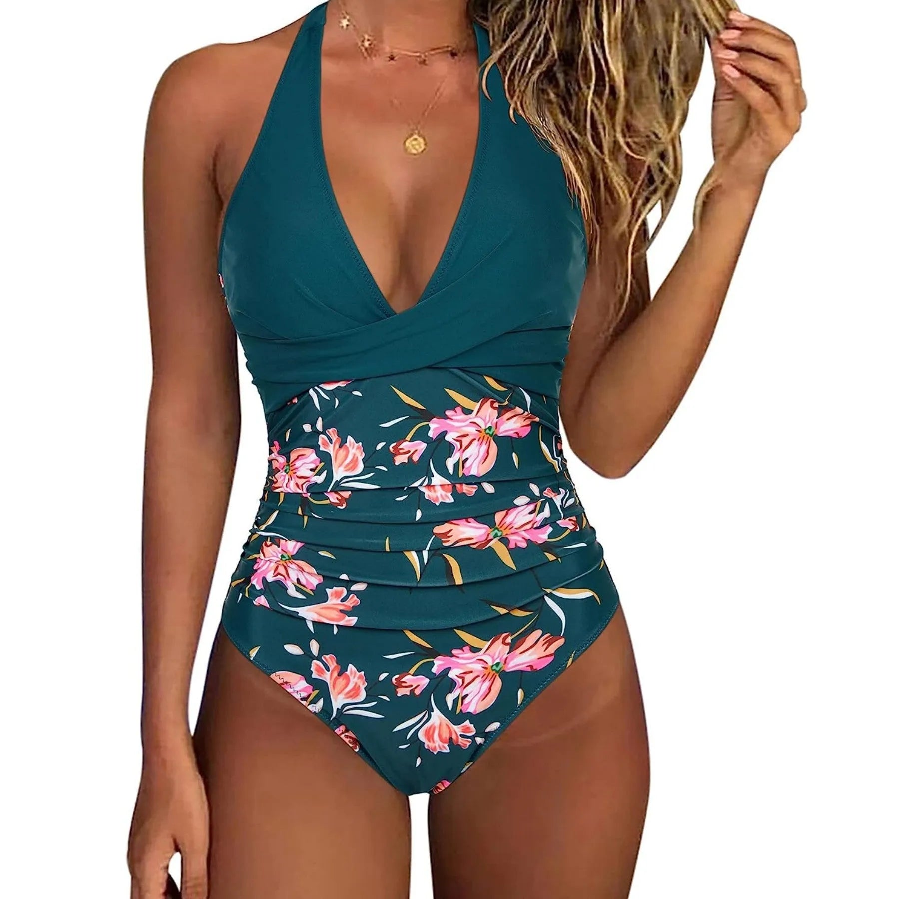 Women's printed lace-up backless bikini swimsuit in a leopard print pattern.