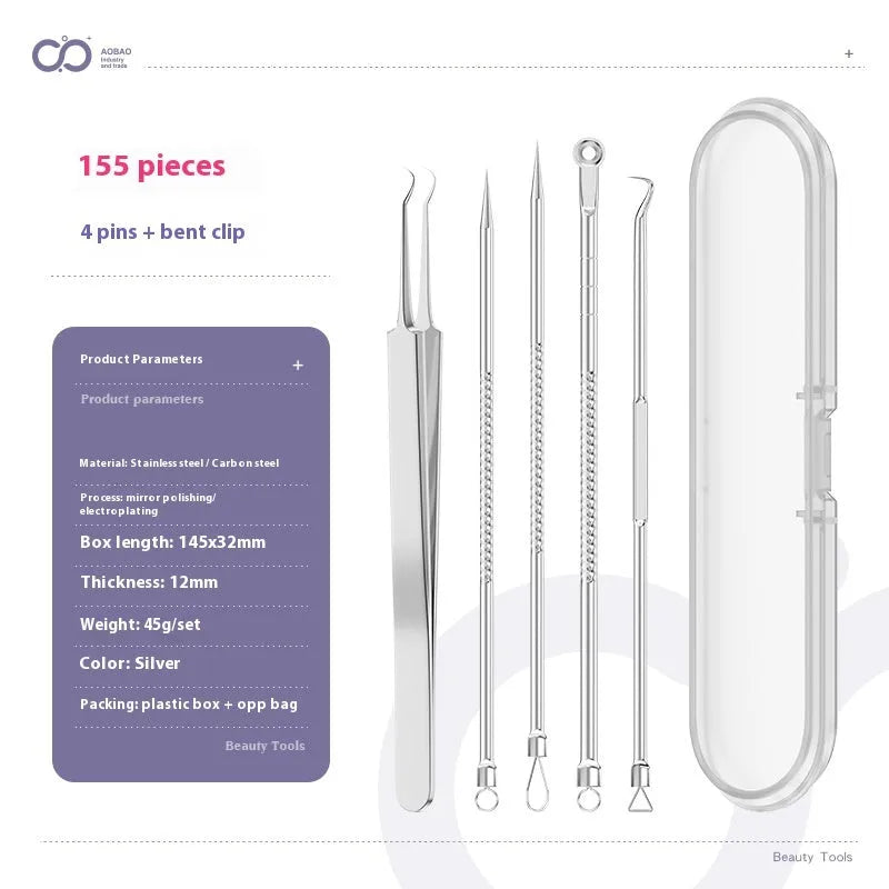 Four silver metal acne needles with pointed tips laid out on a flat surface.