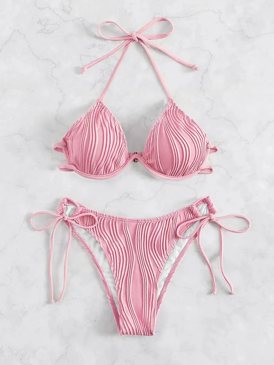 Women's steel bracket underwire split bikini swimsuit in various colours.