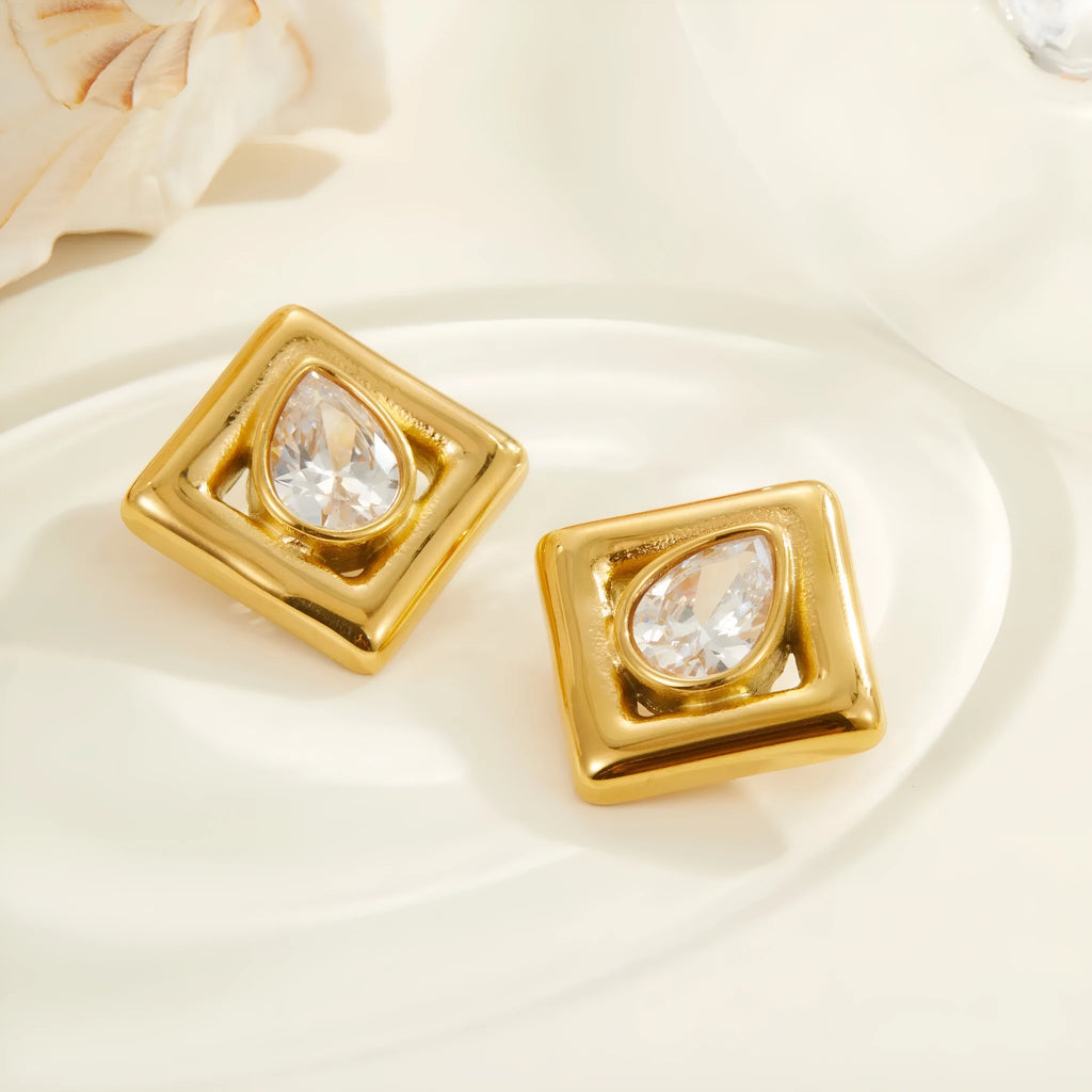 Gold stud earrings with geometric water drop zircon design on stainless steel