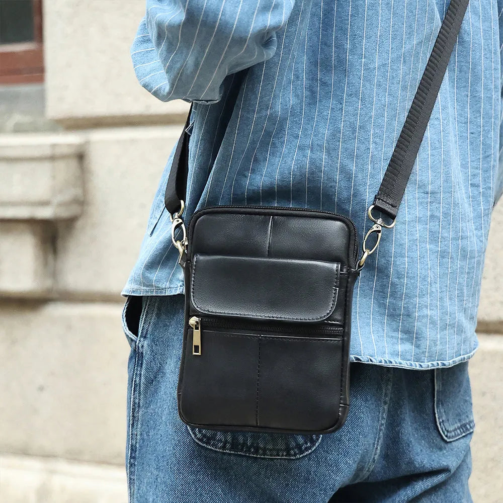 Men's brown leather crossbody shoulder bag with decorative stitching