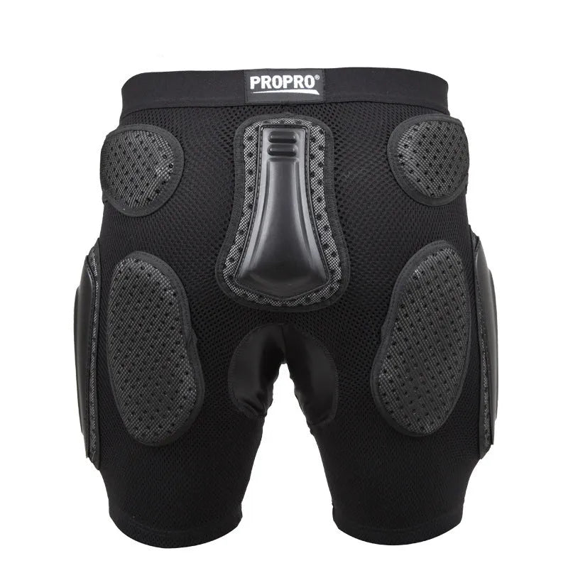 Black cycling hip protection pants with integrated impact-absorbing pads for mountain biking and BMX