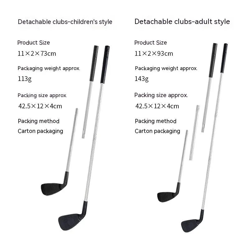 Metal golf club set showing adult and children's size options for outdoor practice