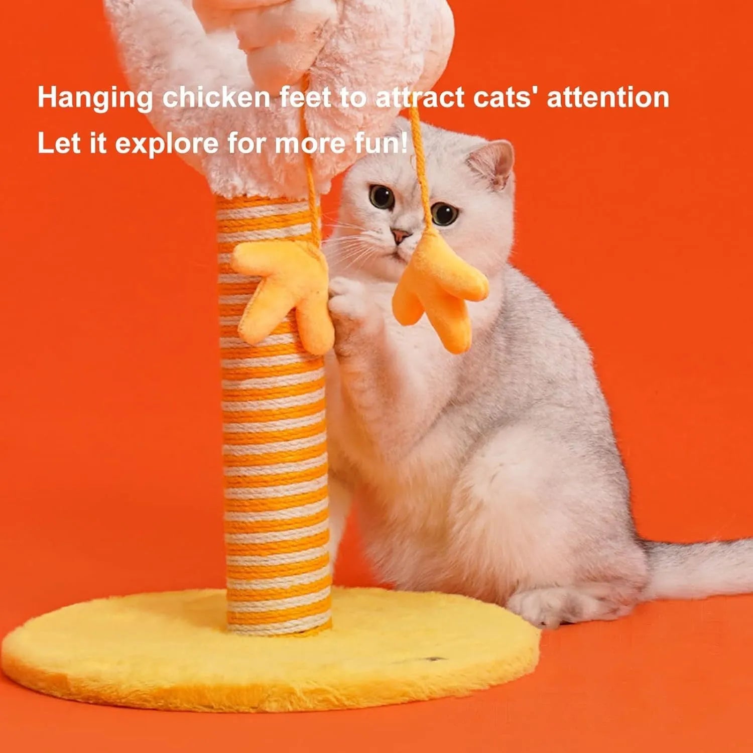 Yellow vertical cat scratching post with sisal wrapping and spring ball measuring 88cm tall