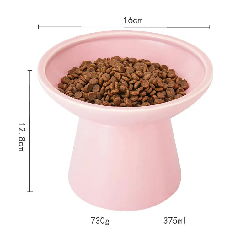 Blue wide ceramic elevated cat food bowl on a white background.