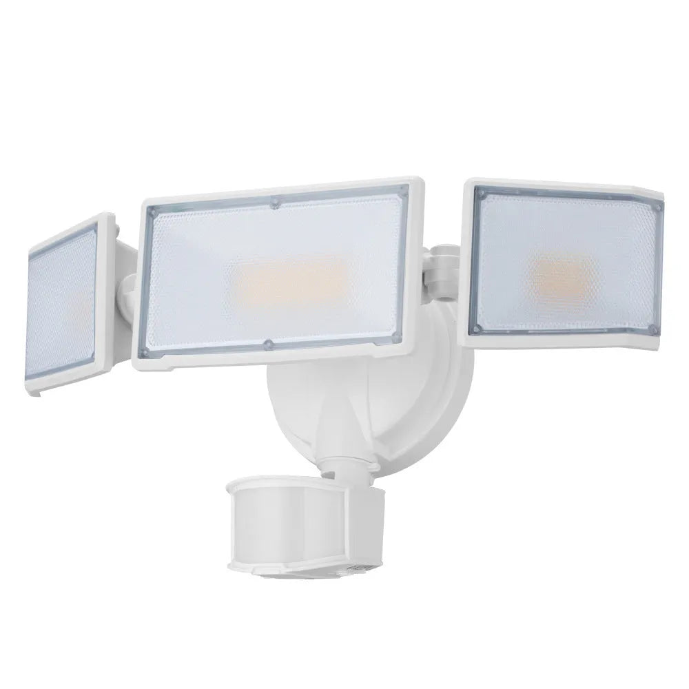 White LED security flood light with motion sensor showing wall mounting bracket and 120V input specifications