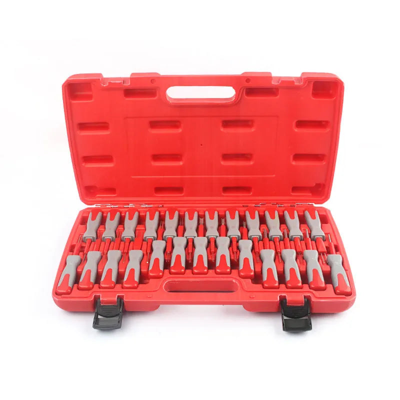 25-piece car terminal removal tool kit in a blue plastic storage organiser with colour-coded handles.