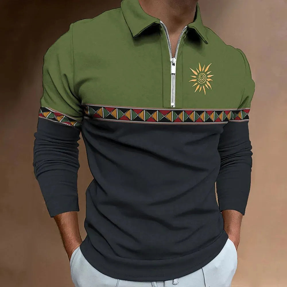 Man wearing a loose-fit long sleeve retro print t-shirt with striped and zipper decorations.