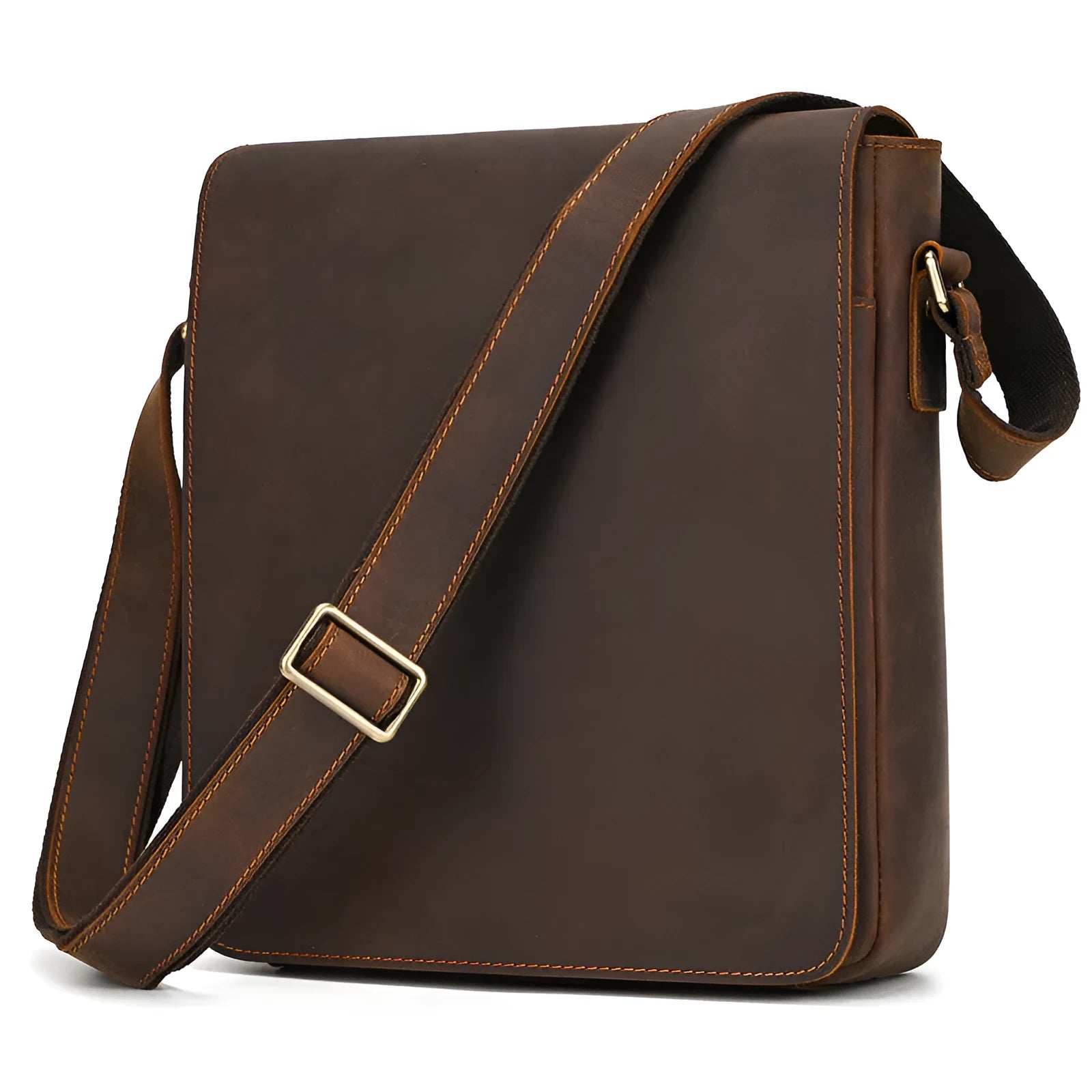 Men's brown leather crossbody shoulder bag with retro styling and sewing detail accents