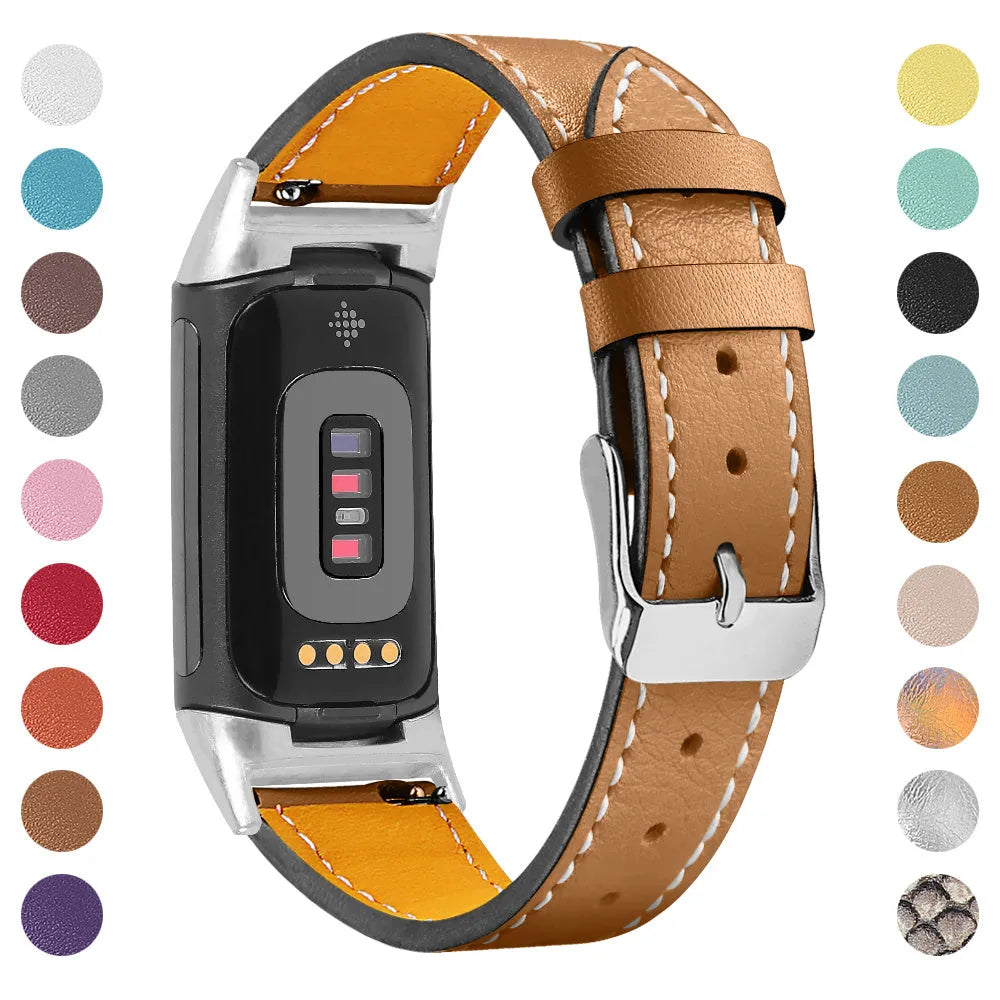 Genuine leather replacement strap for Fitbit Charge 5 and Charge 6 smartwatches in multiple colour options.