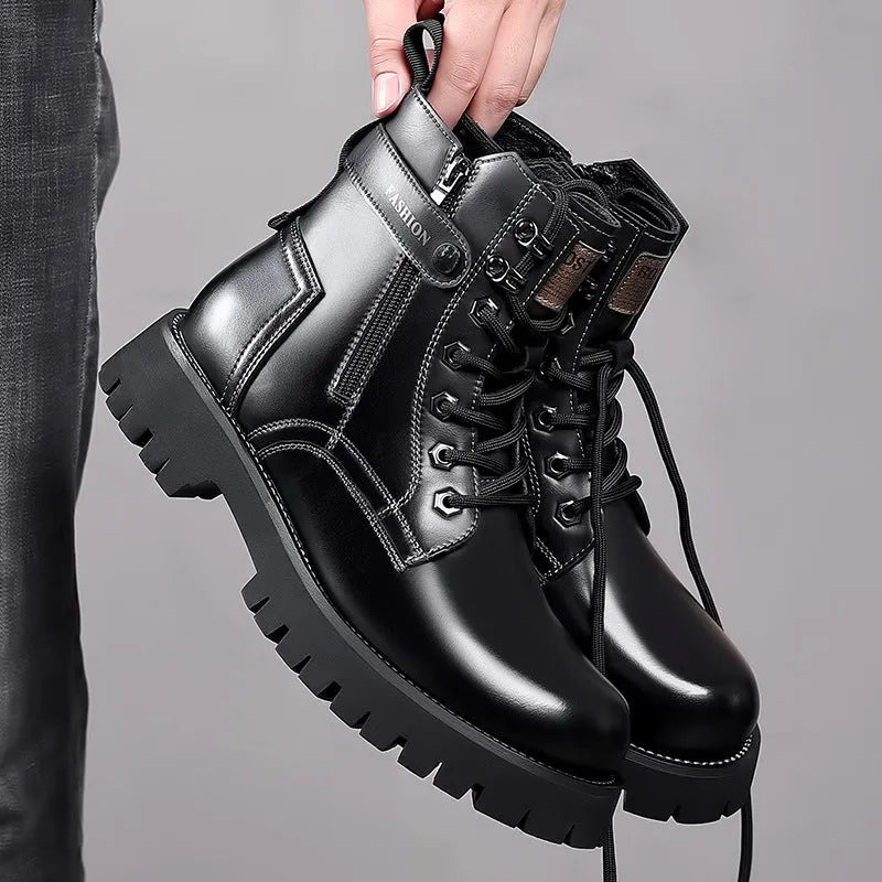 Mens light brown high-top Martin boots with side zipper and thick rubber sole