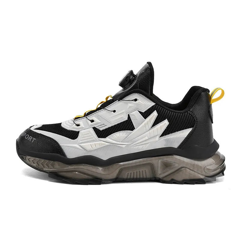Men's black rotating button dad shoes with mesh upper and rubber platform sole