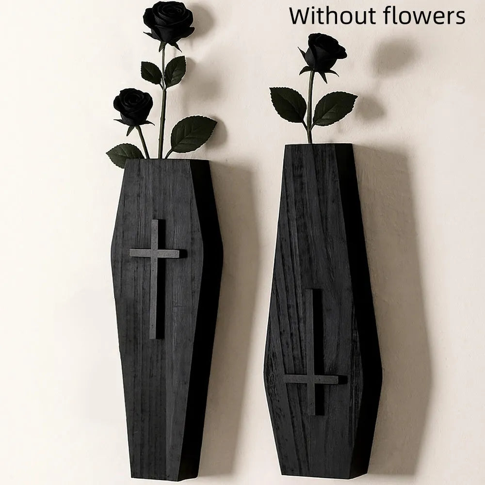 Black wooden cross-shaped wall shelf decoration measuring 27cm by 9cm