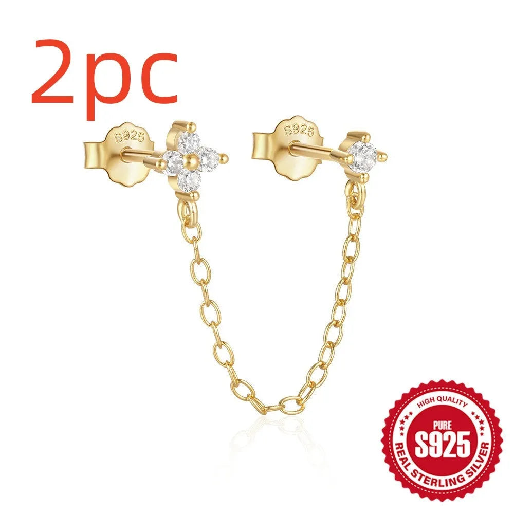Geometric S925 sterling silver stud earring with flower, tassel, and chain design in a golden electroplated finish.