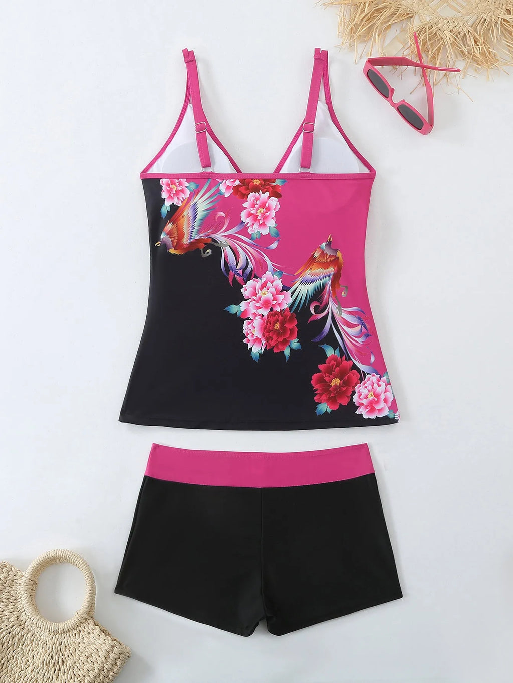 Plus size women's swimsuit set with top and shorts in black or rose red briefs style