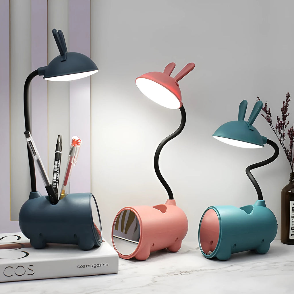 Cartoon-style USB desktop lamp with pen container in green, dark blue, or pink colour