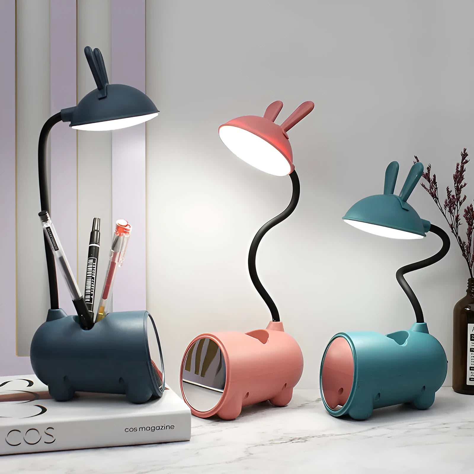 Cartoon-style USB desktop lamp with pen container in green, dark blue, or pink colour
