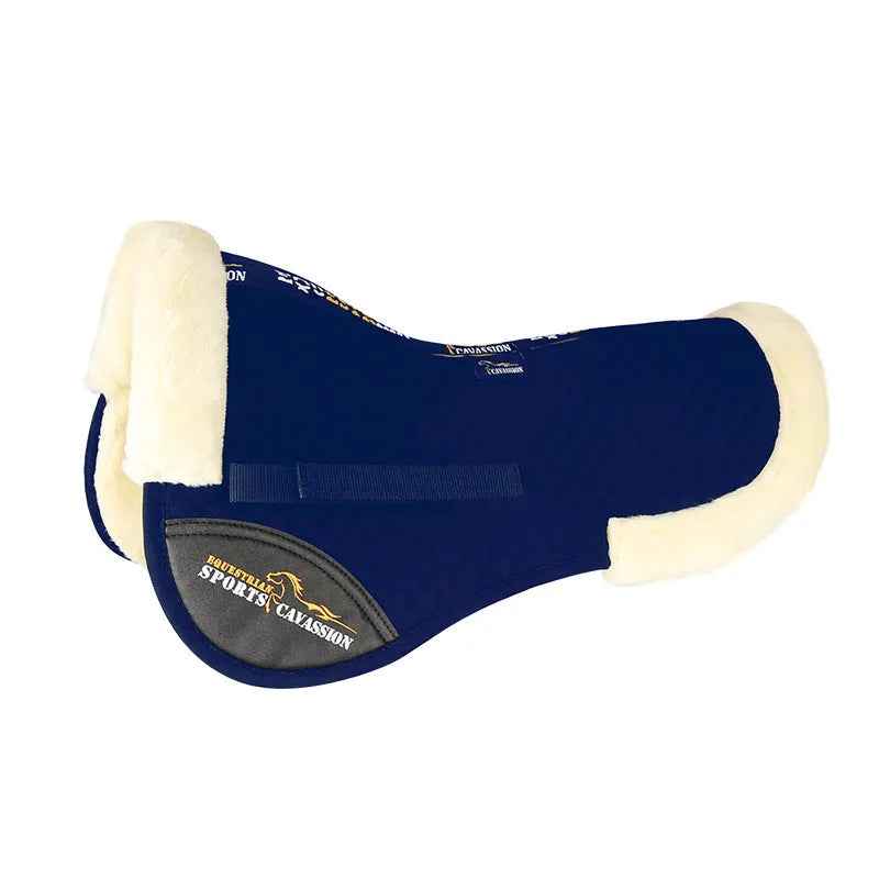 Equestrian riding saddle pad in wool blend with shock absorption foam for waist protection.