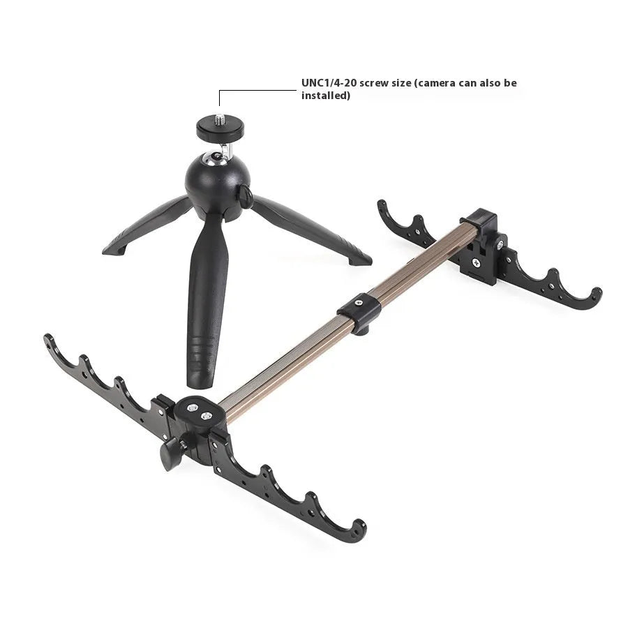 Aluminium alloy triangular ice fishing rod holder bracket supporting a small fishing rod on ice