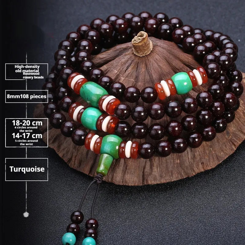 Men's rosewood 108 bead mala bracelet with a turquoise gemstone decorative centrepiece.