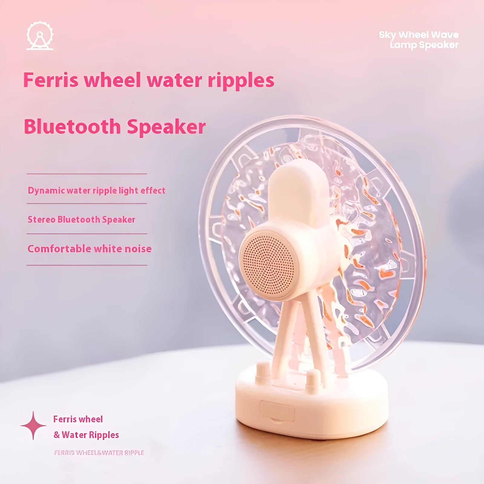 White and pink Ferris Wheel shaped Bluetooth speaker with colourful water ripple LED atmosphere lighting.