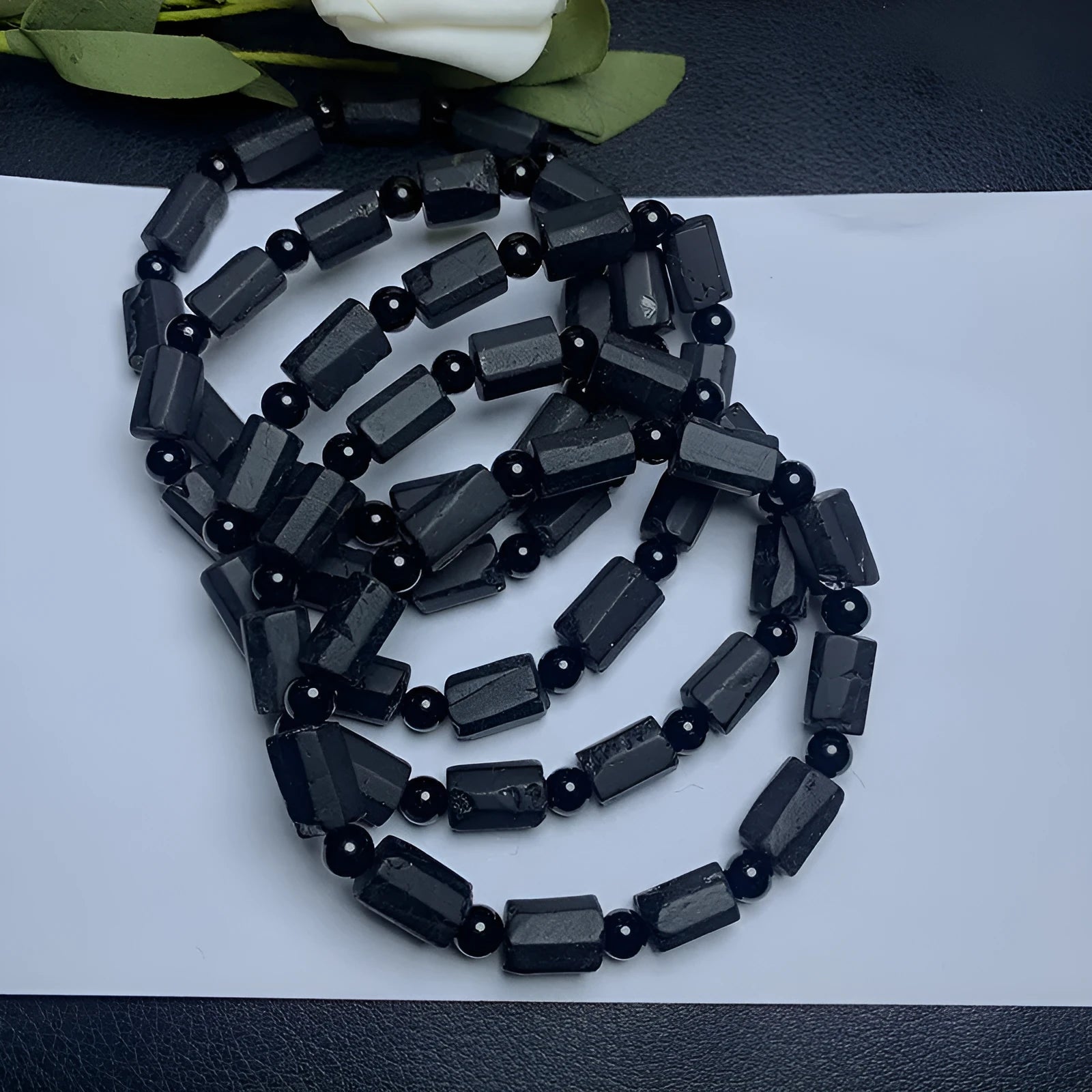Natural black tourmaline rough stone bracelet with approximately 9mm stones and unisex design