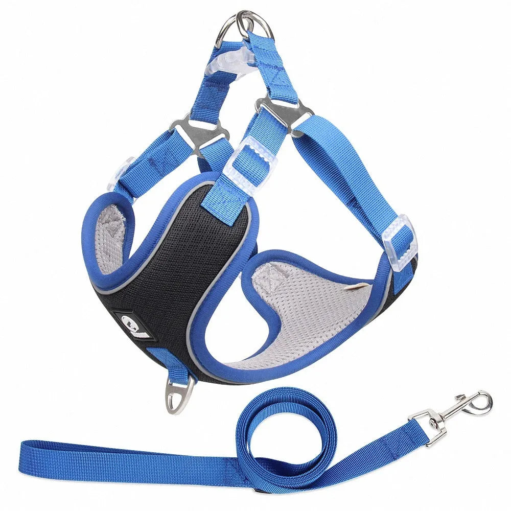Adjustable dog harness with reflective piping in black, red, gray or light purple colours