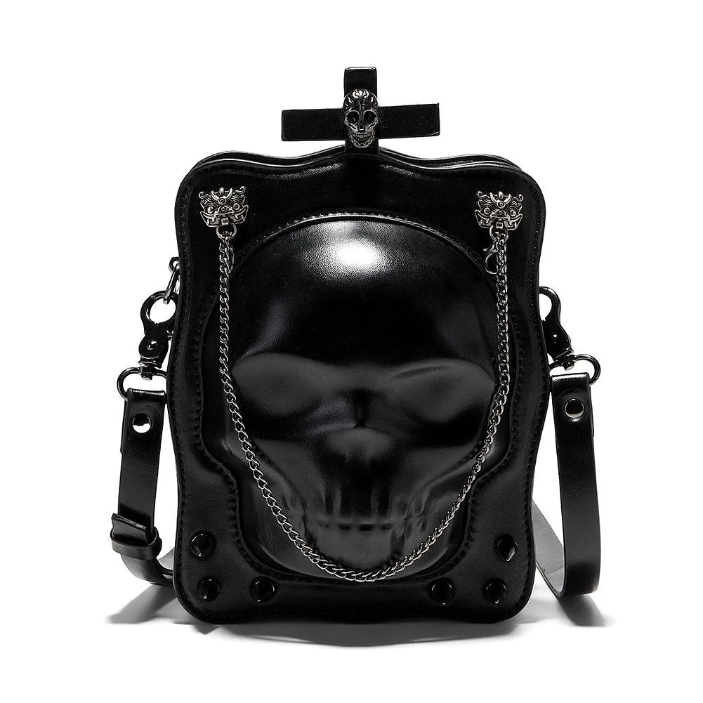 Black mini square crossbody bag with 3D embossed skull design and chain strap