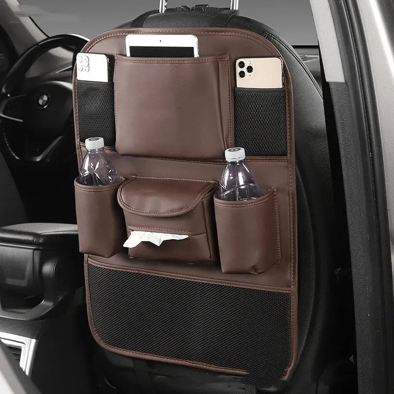 Leather car seat back storage bag in choice of four colours mounted behind vehicle seat