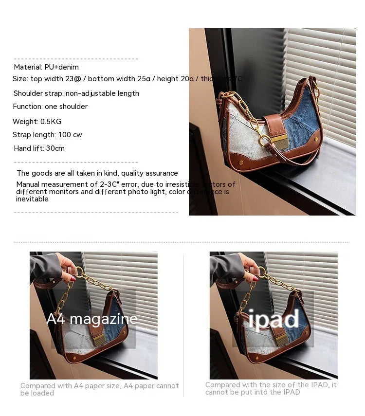 Brown denim women's shoulder bag with diamond mesh chain design and internal phone compartment