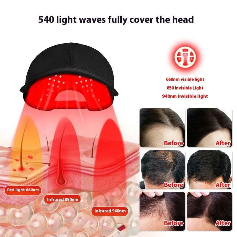 Black infrared duckbill peaked cap for hair growth therapy with LED light panels